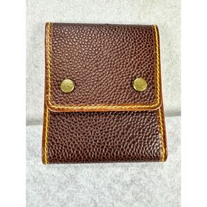 Timberland Mens Brown Pebbled Leather Bifold Wallet Yellow Stitch Snap Closure